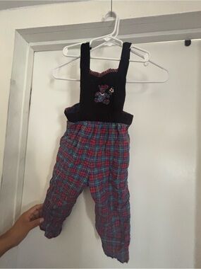 Esprit Red and Blue Plaid Quilted Overalls with Black Bib